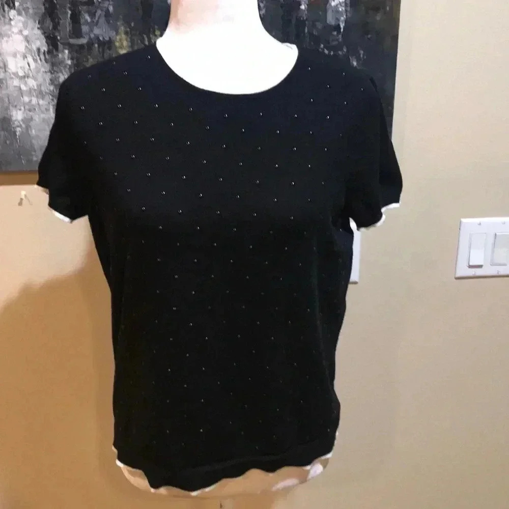 ELLE Short Sleeve Beaded Top Black and White Crew Neck-Size XL